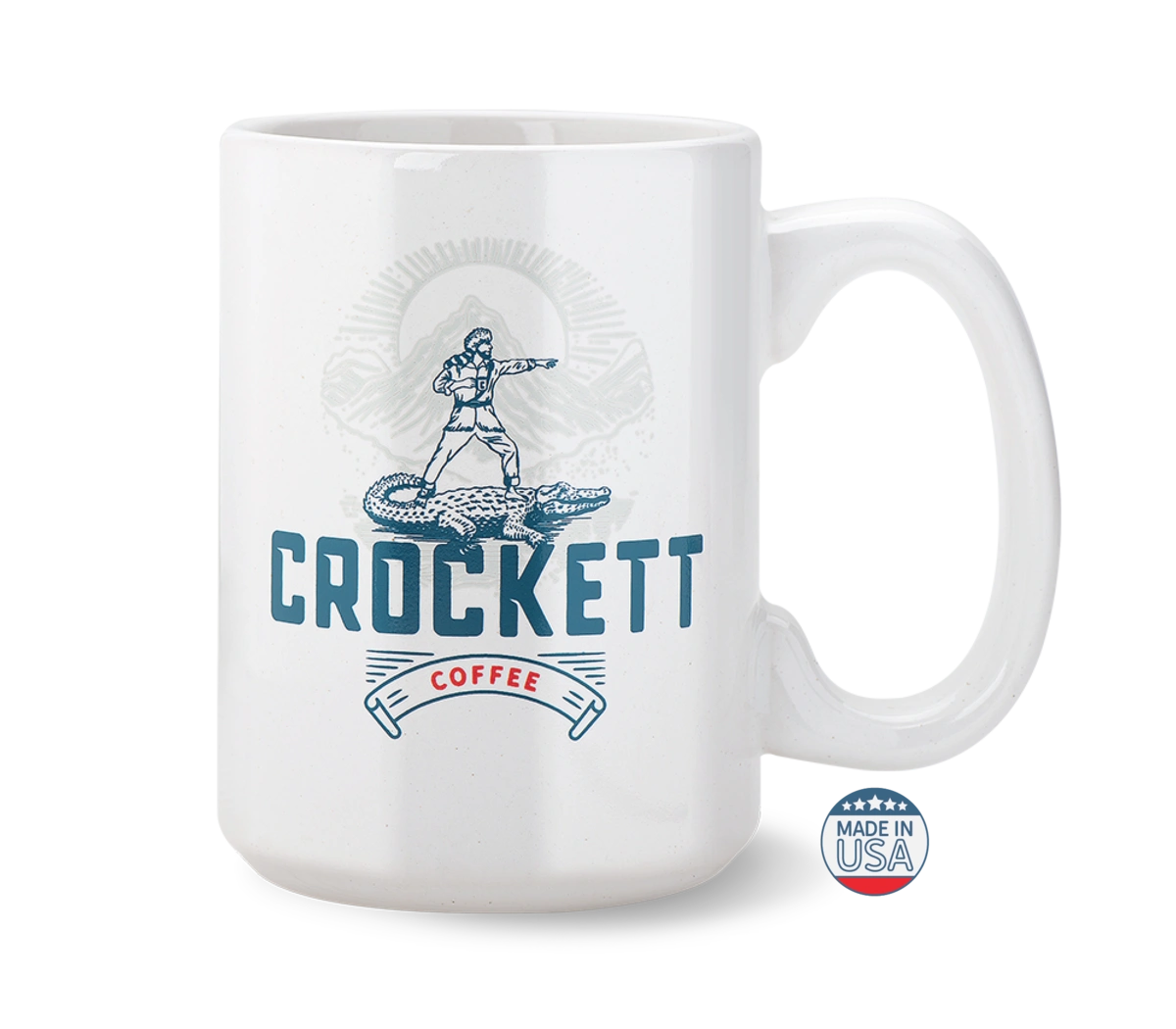 White coffee mug with Crockett Coffee logo featuring a frontier figure and alligator design, labeled Made in USA.