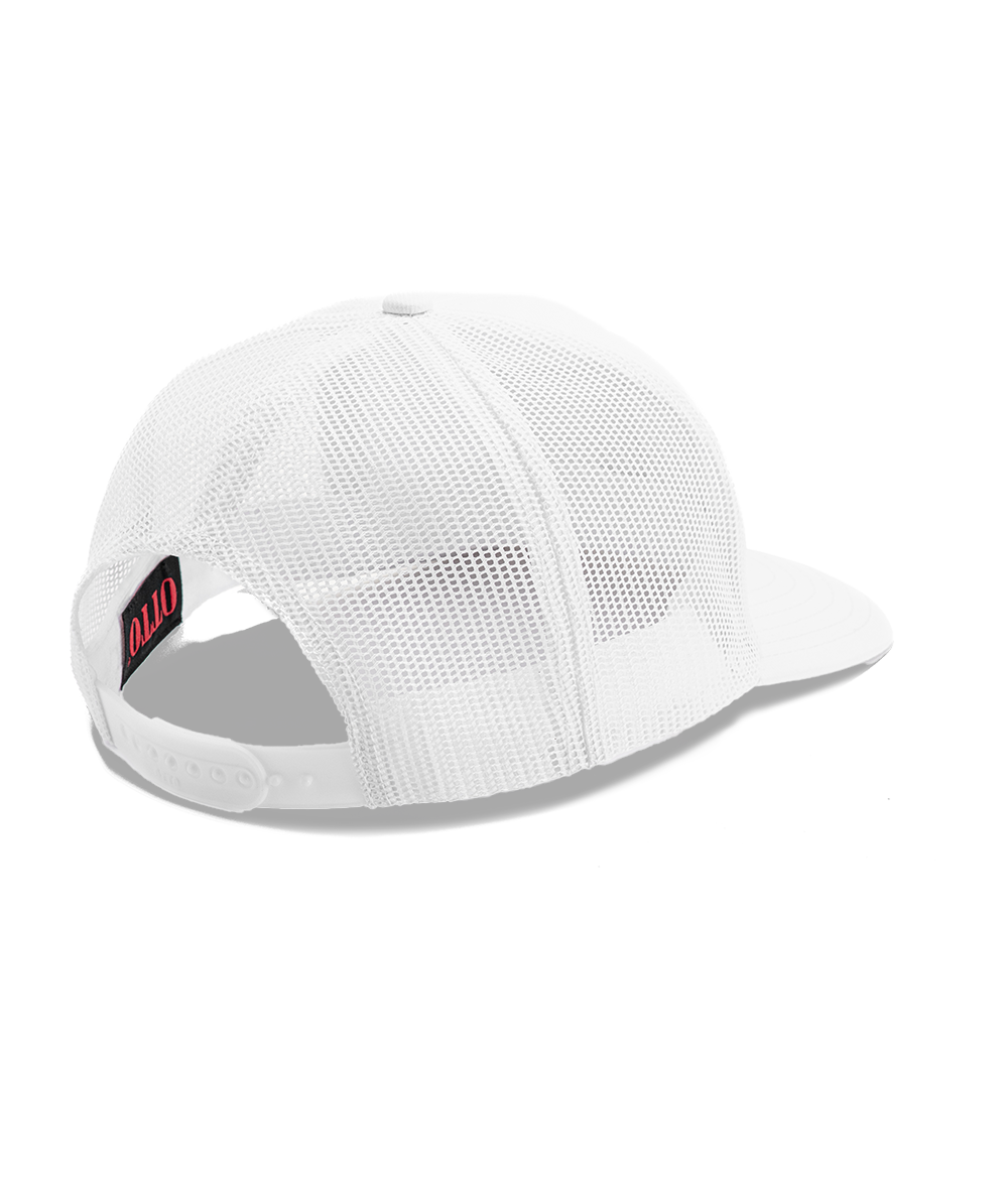 White trucker hat with mesh back and adjustable snapback closure shown from the rear.