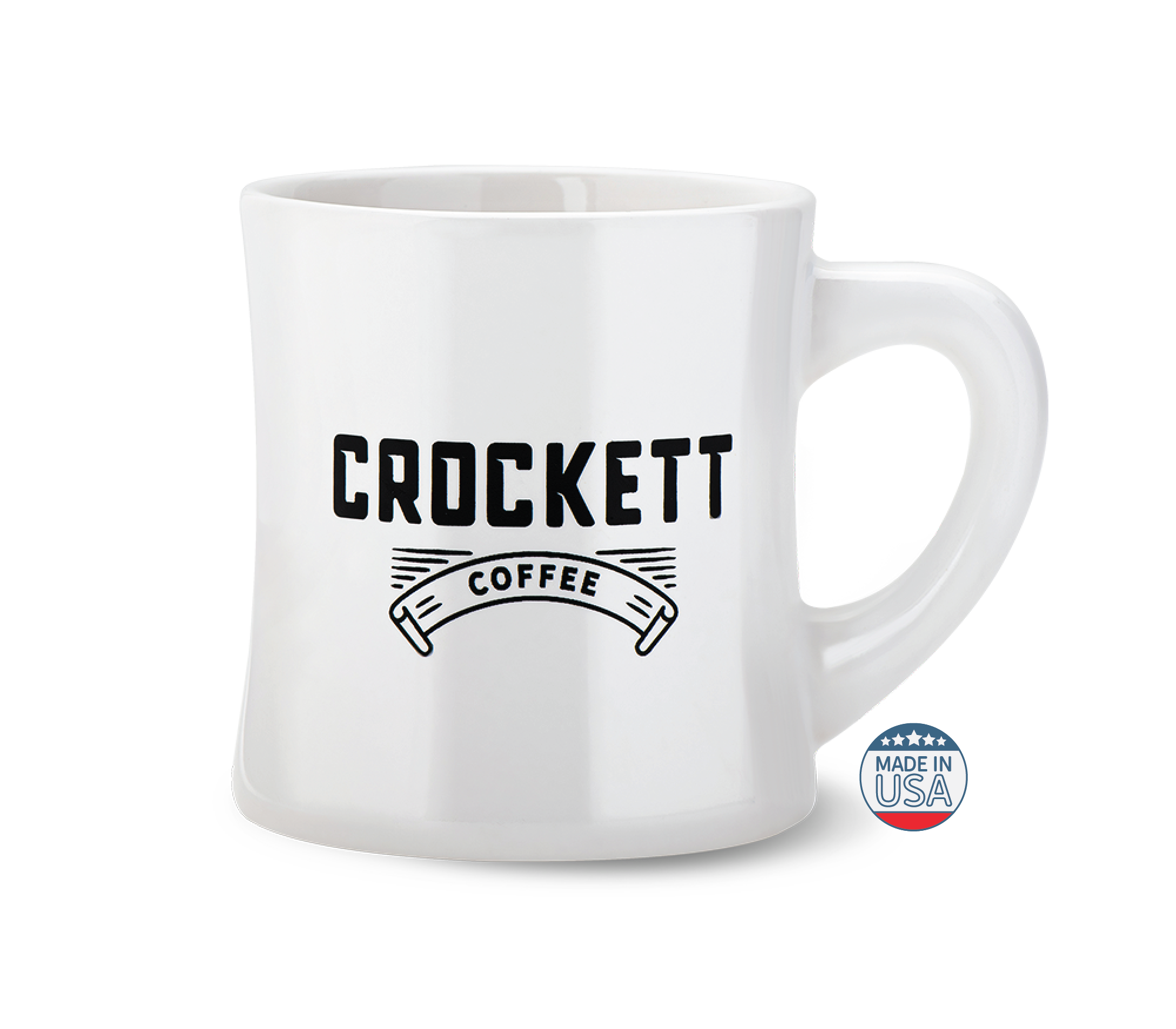 White coffee mug with Crockett Coffee logo and Made in USA badge on the base.