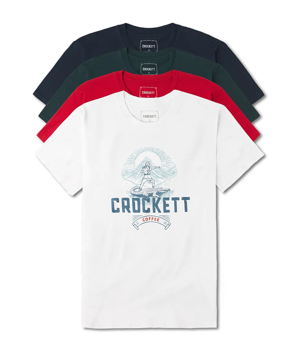 Crewneck t-shirts in white, red, green, and navy blue featuring Crockett Coffee logo and mountain graphic on the front.