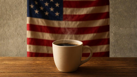 Mug of steaming coffee on wooden surface with American flag in background.