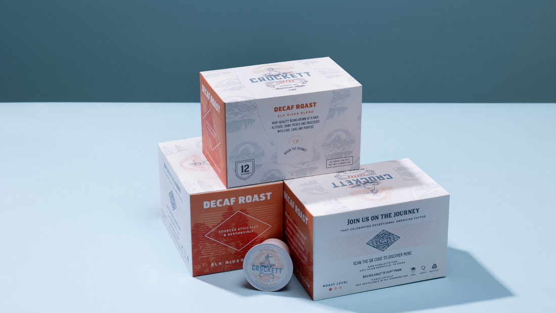 Crockett decaf K Cups in 12 pack boxes stacked.