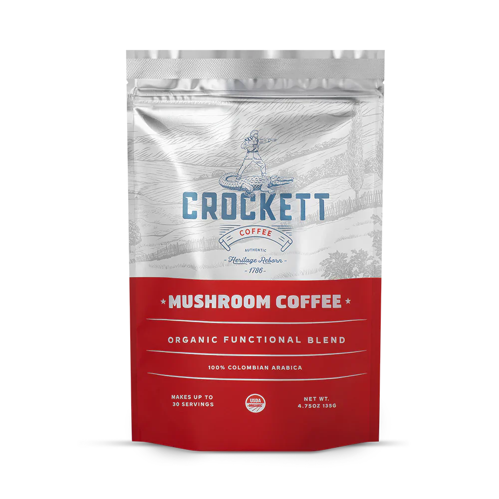 Mushroom coffee brands featured with Crockett's organic functional blend in a bold red and silver bag.
