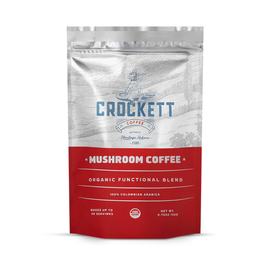 Mushroom coffee brands featured with Crockett's organic functional blend in a bold red and silver bag.