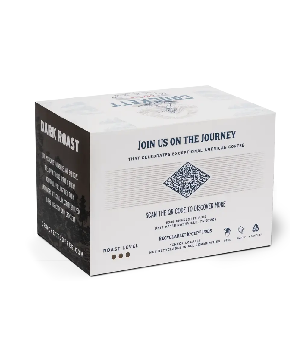 Dark roast coffee K Cups from Crockett Coffee in a recyclable pod box with a black side design.
