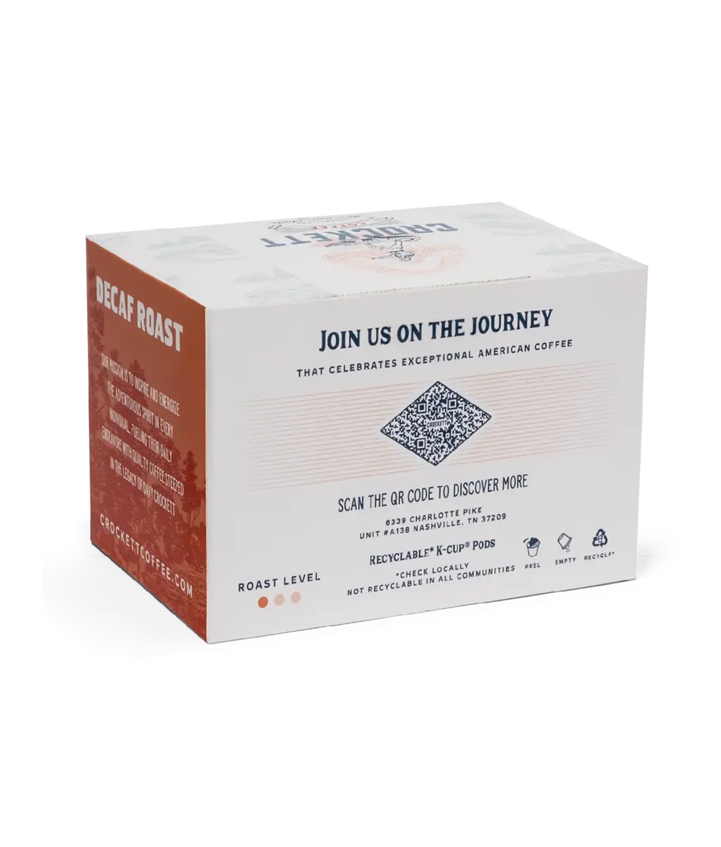 Decaf coffee K cups box from Crockett Coffee with recyclable pods and earthy red side panel.