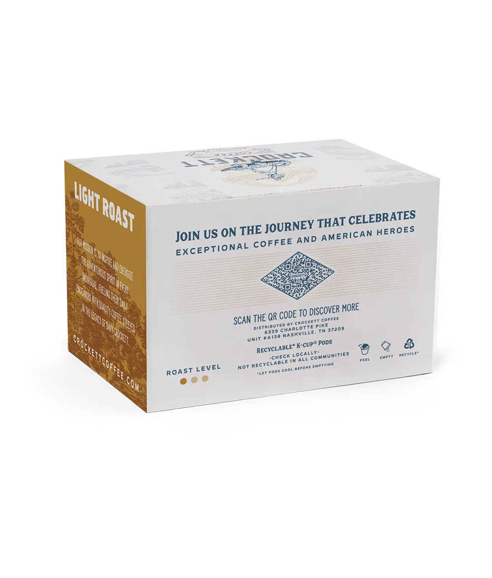 Light roast K-Cups box from Crockett Coffee featuring recyclable pods and branding that honors American heroes.
