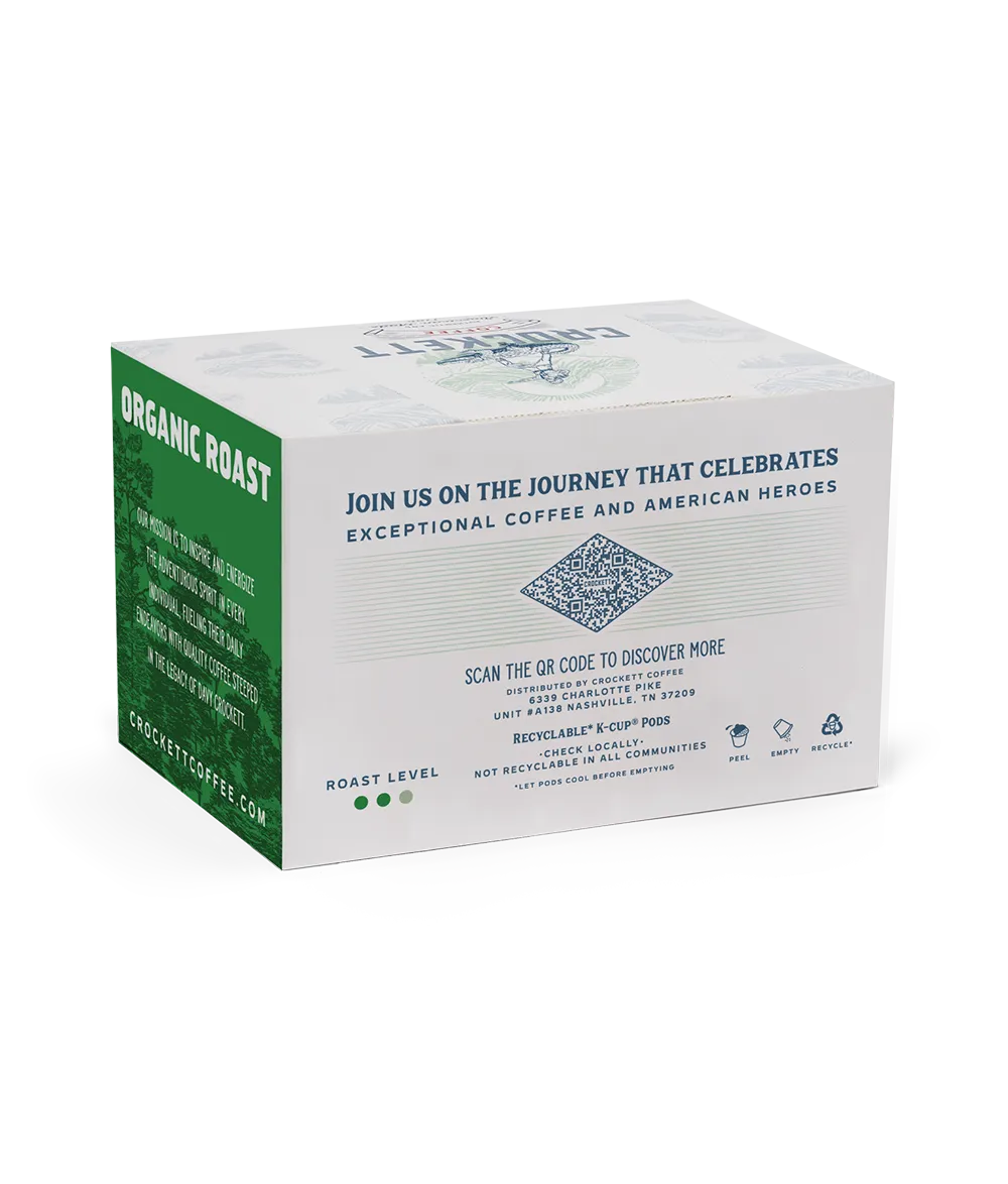 Organic coffee pods box featuring Crockett Coffee's exceptional roast with recyclable K-Cup packaging.