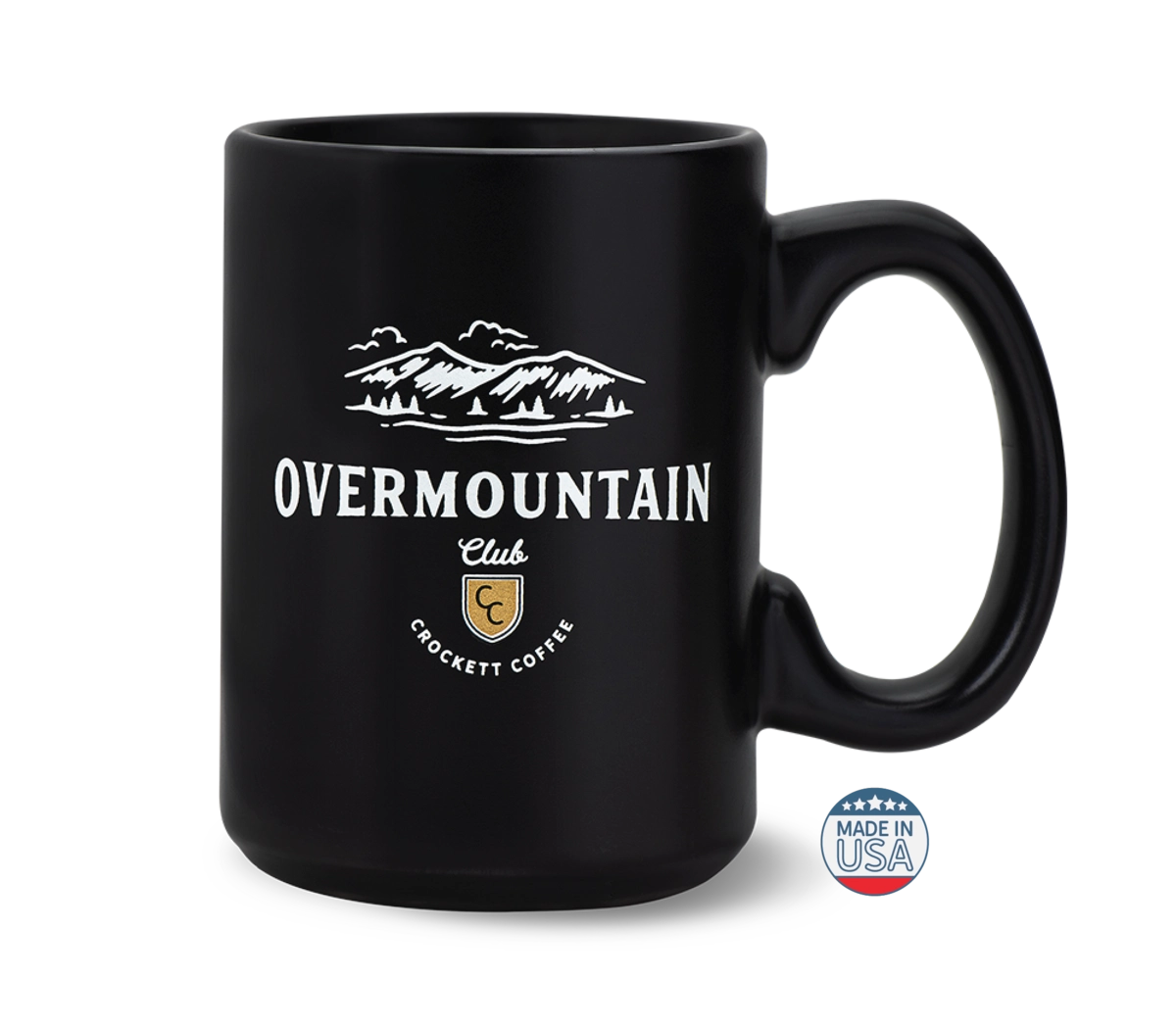 Black coffee mug with Overmountain Club and Crockett Coffee logo, featuring Made in USA badge.