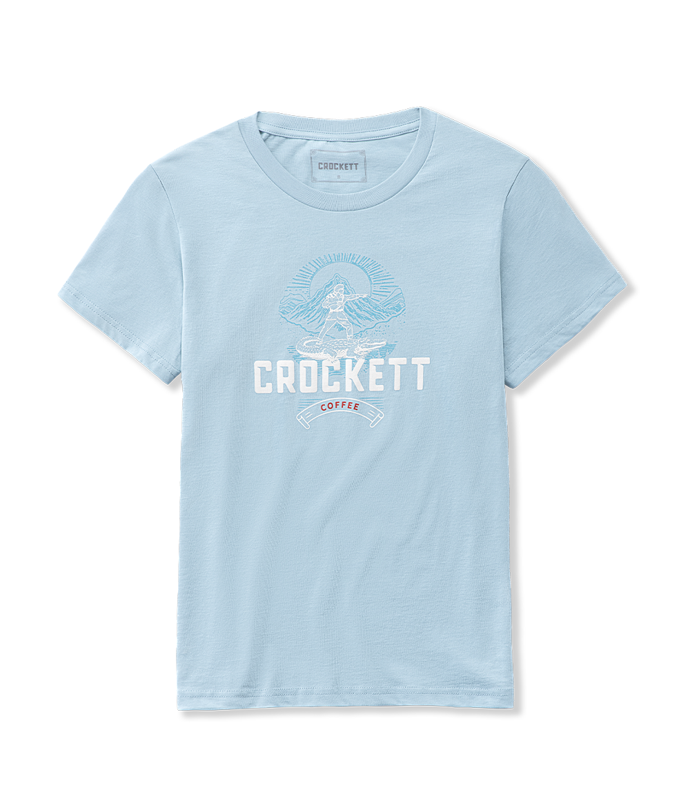 Light blue cotton shirt featuring Crockett Coffee logo with frontier figure and mountain design.
