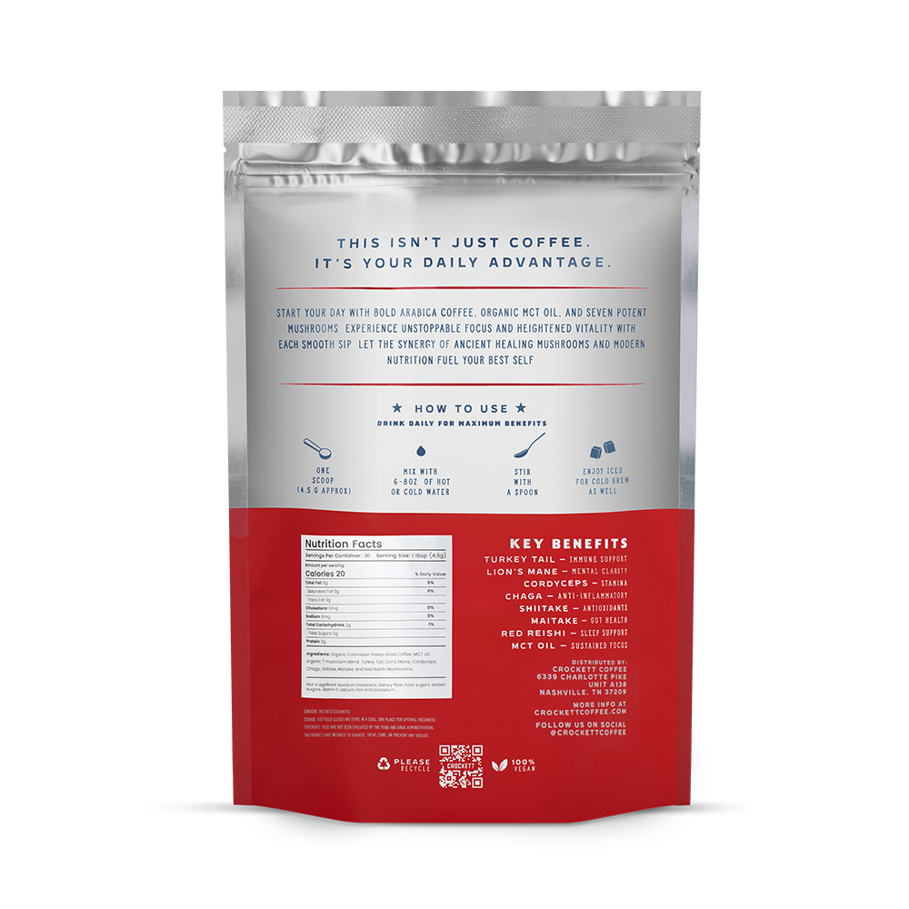 Mushroom coffee nutrition label and usage instructions on the back of a red and silver product pouch.