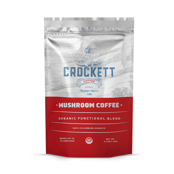Organic mushroom coffee pouch showing nutritional facts, usage instructions, and key health benefits from functional mushroom ingredients.