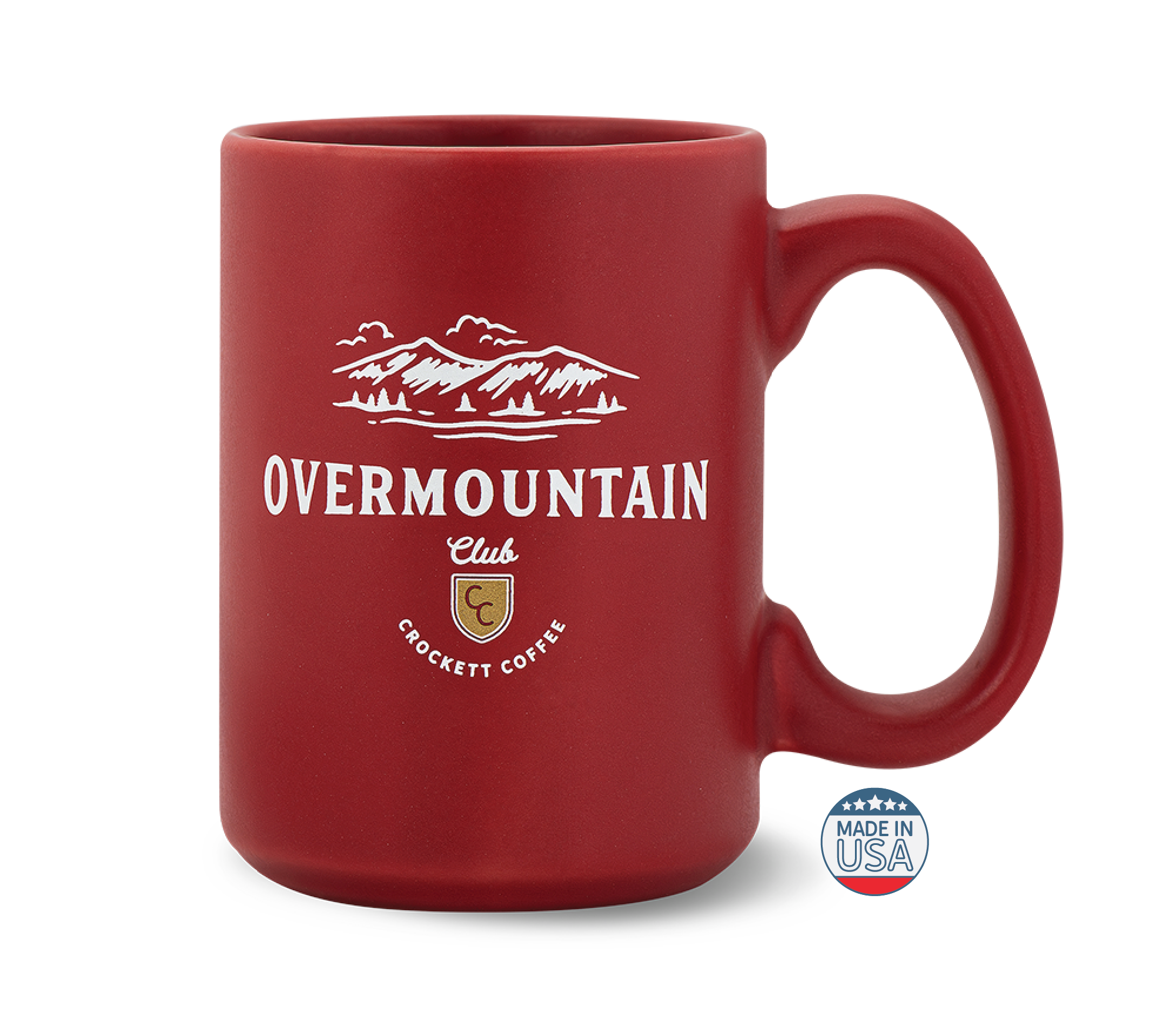 Red coffee mug with Overmountain Club and Crockett Coffee logo, labeled as Made in USA.
