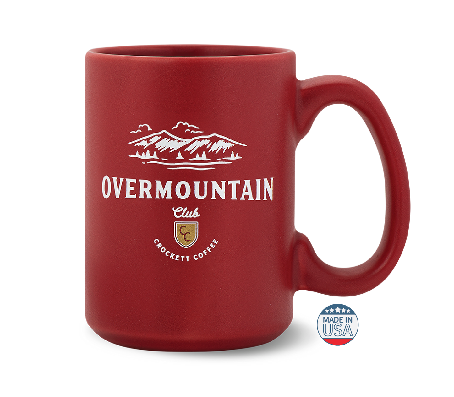 Red coffee mug with Overmountain Club and Crockett Coffee logo, labeled as Made in USA.