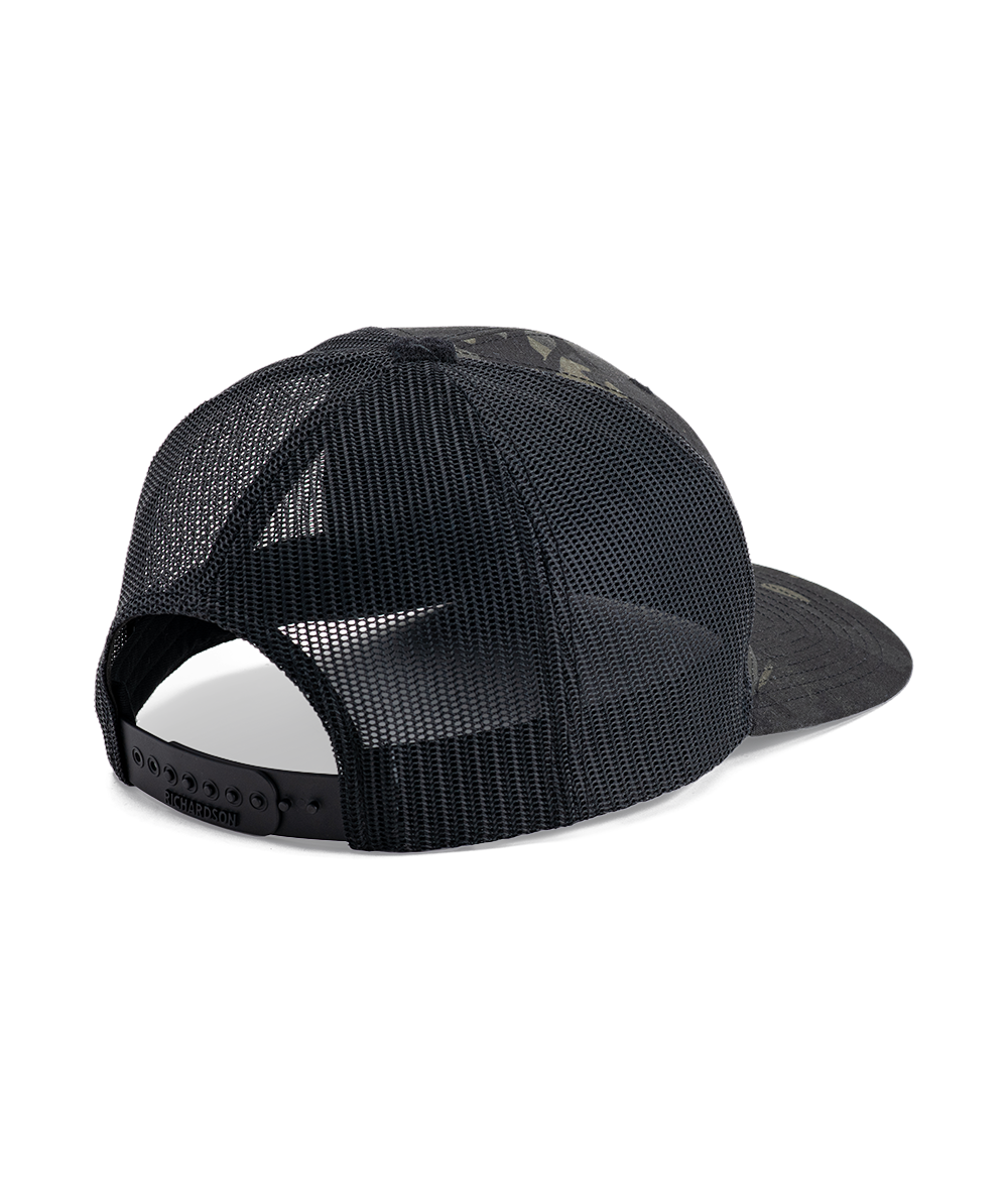 Black trucker hat with mesh back and adjustable snap closure viewed from the rear.