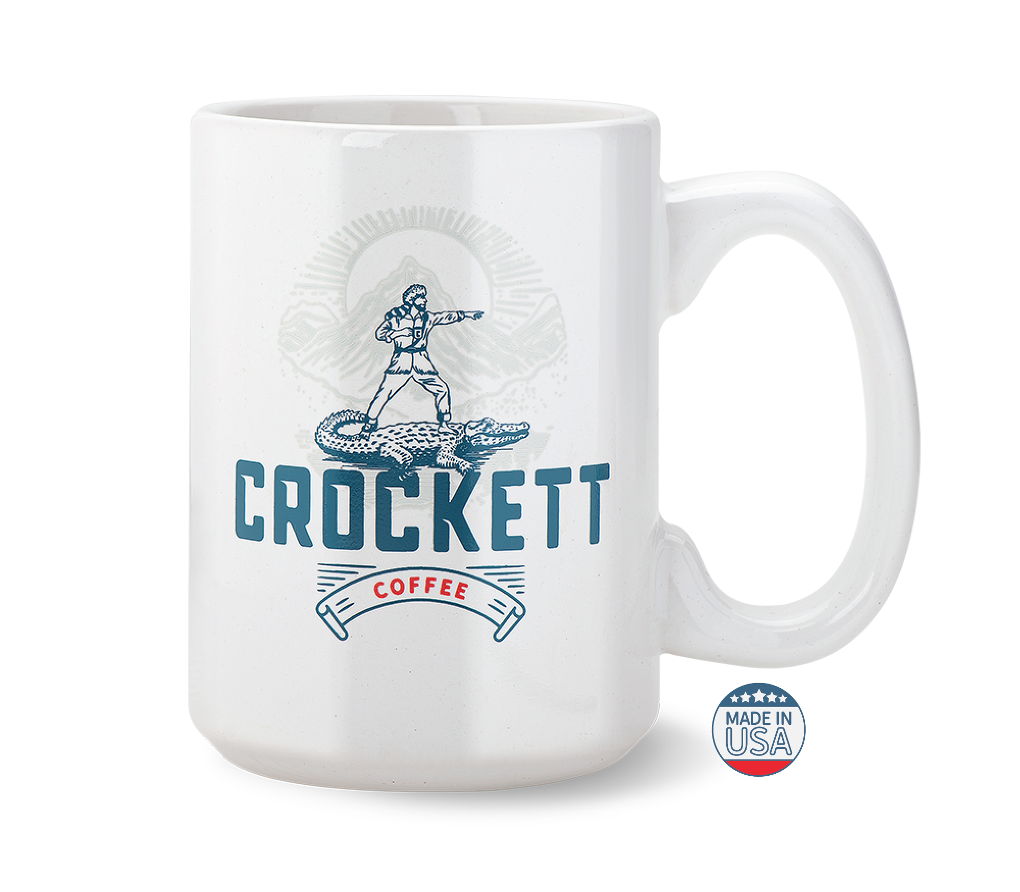 White coffee mug with Crockett Coffee logo featuring a frontier figure and alligator design, labeled Made in USA.