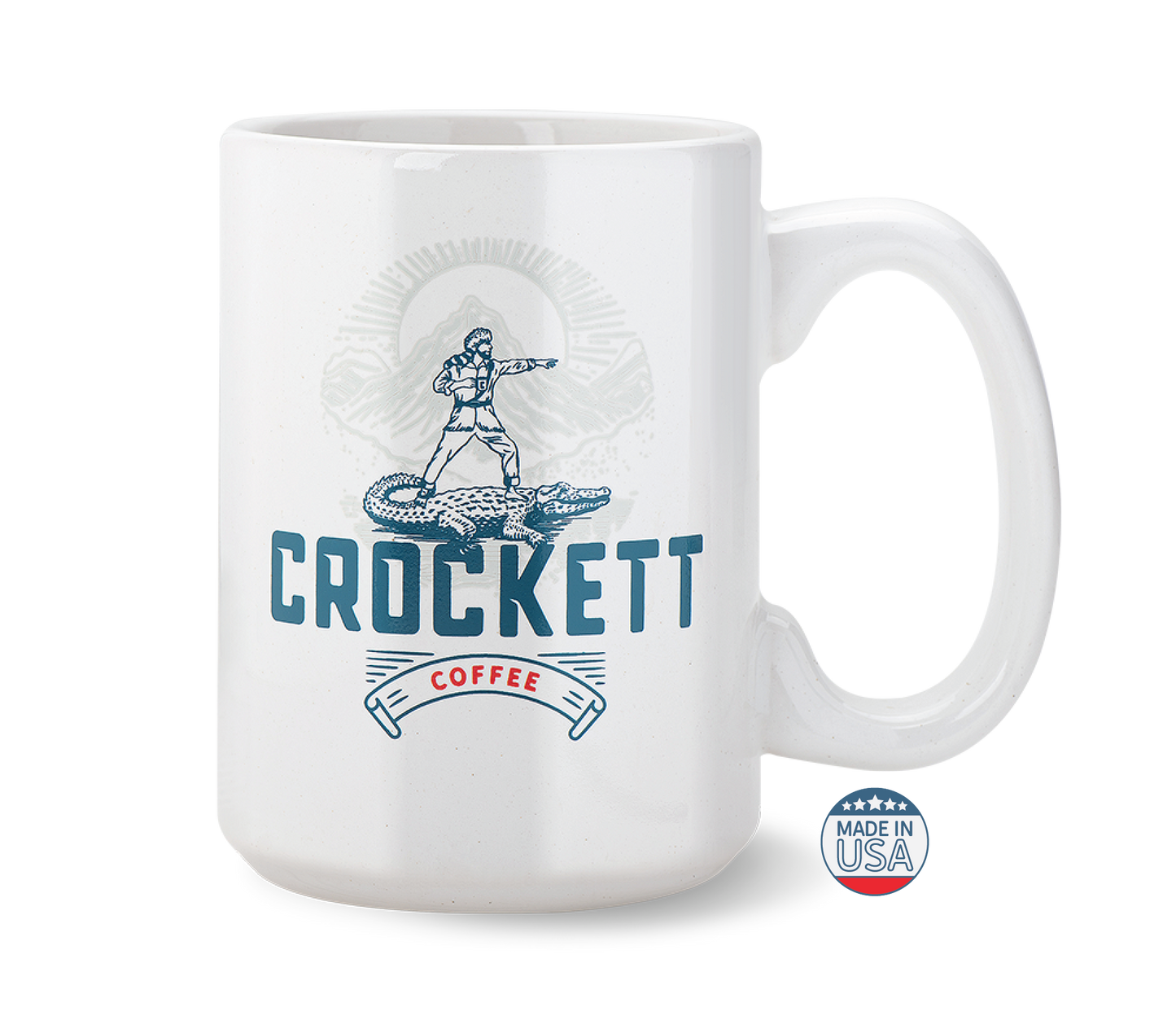White coffee mug with Crockett Coffee logo featuring a frontier figure and alligator design, labeled Made in USA.