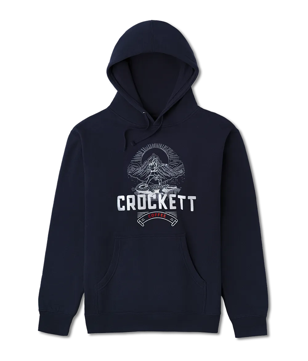 Navy blue hoodie with front pocket featuring Crockett Coffee logo and mountain graphic printed on the chest.