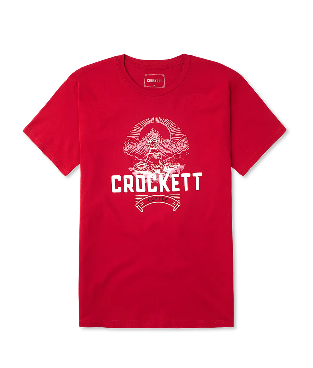 Crewneck t-shirt in bright red featuring Crockett Coffee logo and mountain graphic printed on the front.