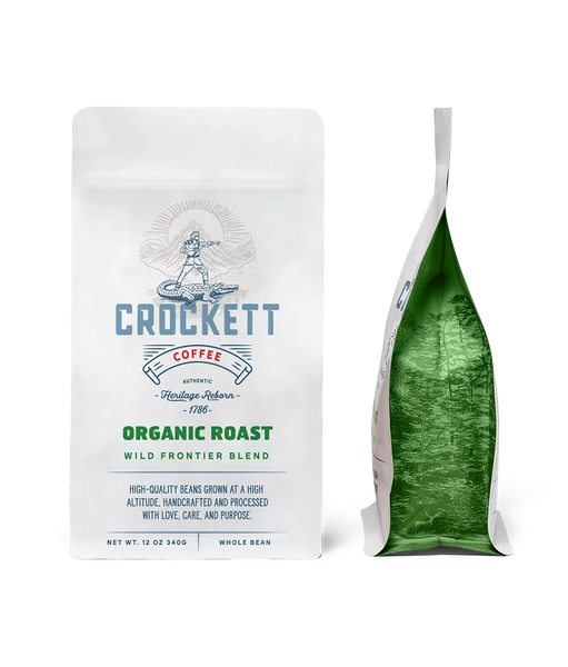 Organic coffee packaging featuring Crockett Coffee's "Organic Roast Wild Frontier Blend" in a white and green bag design.