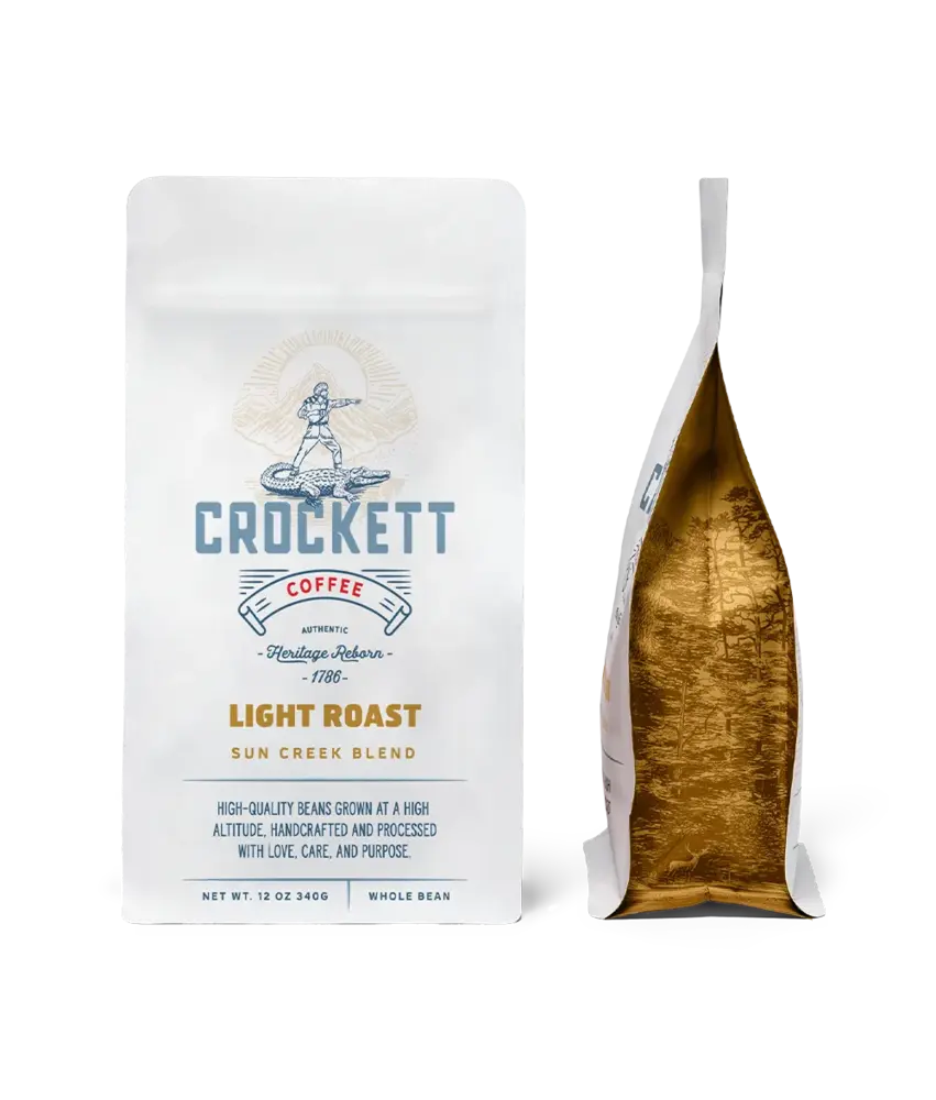 Subscription coffee light roast bag of Crockett Coffee shown from front and side angles.