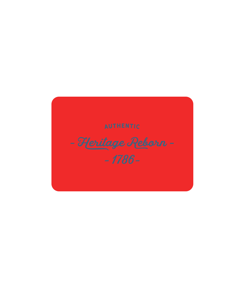 Coffee gift card with red background and blue text reading “Authentic Heritage Reborn 1786.”