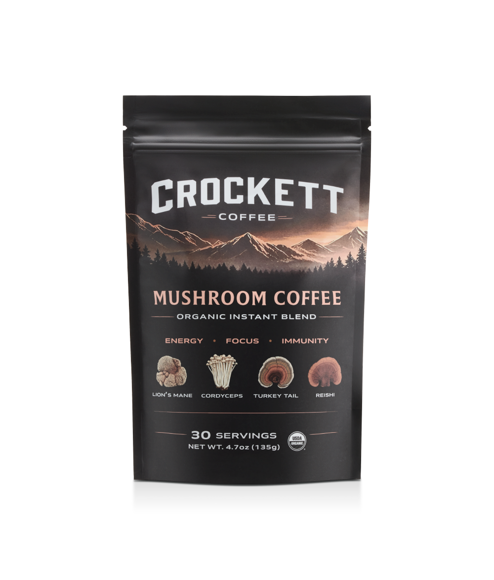 Organic mushroom coffee pouch showing nutritional facts, usage instructions, and key health benefits from functional mushroom ingredients.